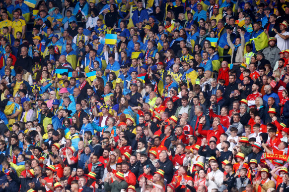 Welsh and Ukrainian supporters in Cardiff City Stadium. The Ukrainian fans included refugees.