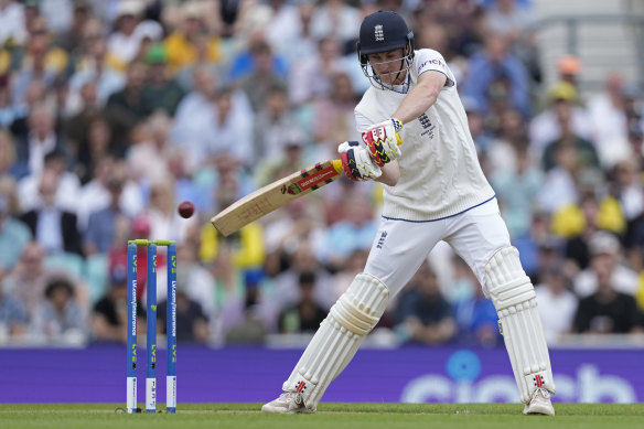Dashing play: Harry Brook on the offensive during the Ashes series.