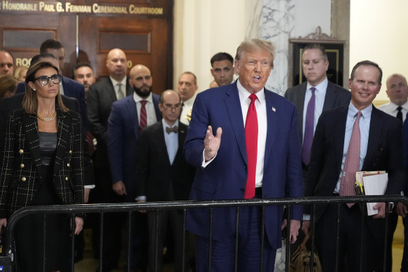 Former President Donald Trump speaks after his defense team finished presenting closing arguments at New York Supreme Court/