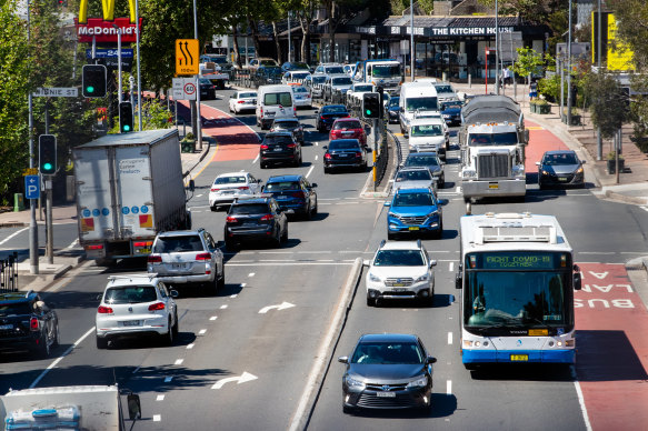 Traffic on major thoroughfares such as Military Road in Cremorne is creeping back to pre-COVID levels.