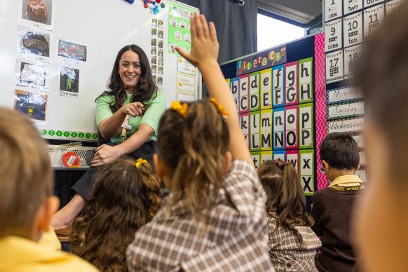 Graduate teacher Hollie Saad with some of her prep students on Monday morning.