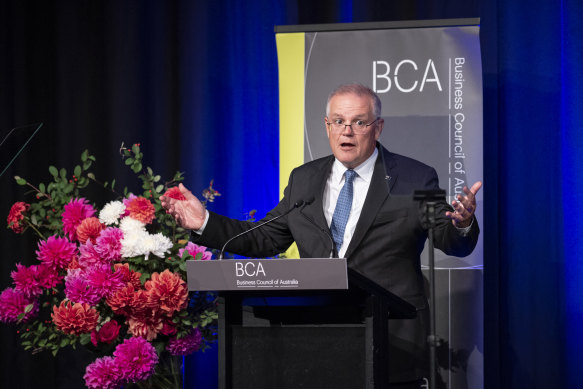 Prime Minister Scott Morrison speaks at the Business Council of Australia’s annual dinner.