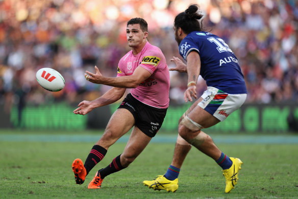 Nathan Cleary sends a pass out wide.