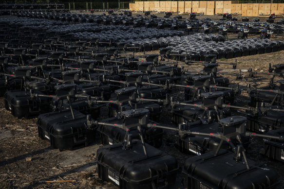 1700 drones are displayed before being sent to the frontline, to be used against Russian forces in Kyiv, Ukraine.