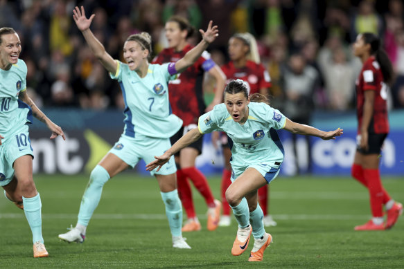 Hayley Raso celebrates after scoring Australia’s second goal against Canada.