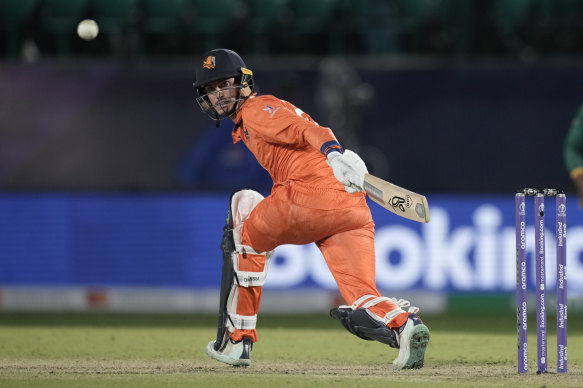 Scott Edwards plays his trademark sweep shot in his match-winning innings for the Netherlands against South Africa at the ODI World Cup last week.