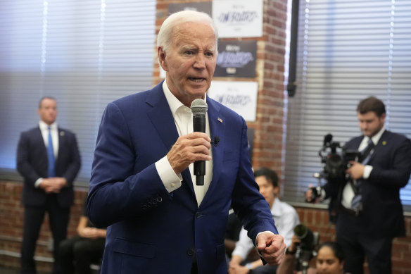 President Joe Biden speaks at a campaign office.