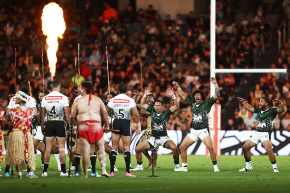 The Maori All Stars perform their war cry before their clash against the Indigenous All Stars.