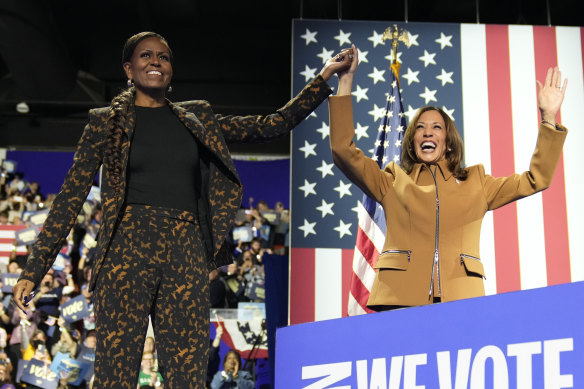 Former first lady Michelle Obama with Democratic presidential nominee Vice President Kamala in Kalamazoo, Michigan.