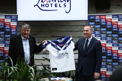 Arthur Laundy and Andrew Hill, CEO of the Canterbury-Bankstown Bulldogs, at the announcement of the Laundy Hotels sponsorship deal last July.
