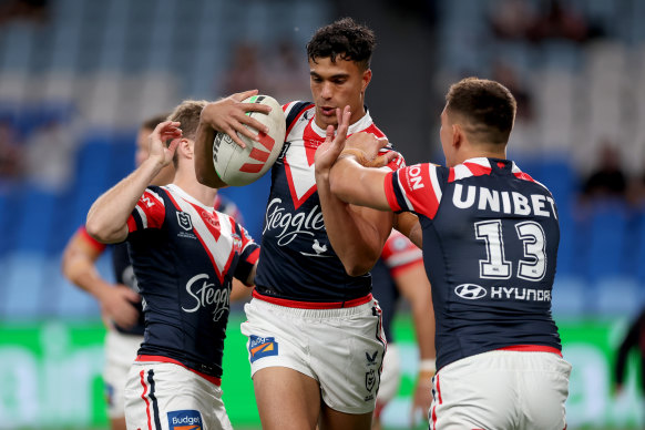 Joseph Suaalii in action for the Roosters.