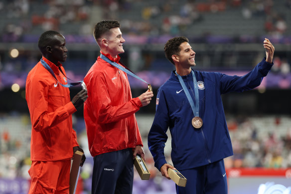 Jakob Ingebrigtsen of Team Norway, centre, won gold in the 5000m over Ronald Kwemoi of Team Kenya (silver, left) and Grant Fisher of Team United States (bronze).