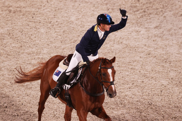 Andrew Hoy on Vassily de Lassos celebrates after his ride.