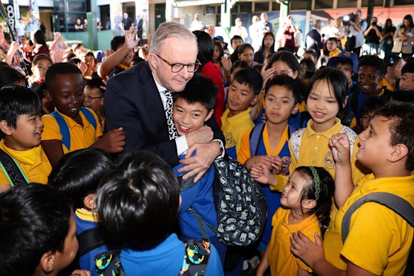 Albanese visits Cabramatta Public School in Sydney on April 4.