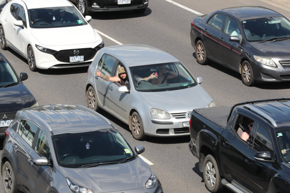 Traffic banked up on the West Gate Freeway during the week.