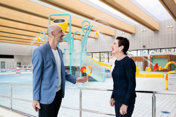 Project designer Andrew Burges and Sydney lord mayor Clover Moore beside the water-play area.