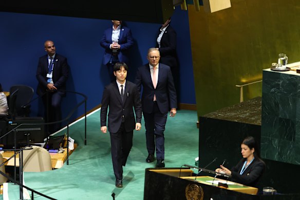 Anthony Albanese addresses the UN General Assembly in New York.
