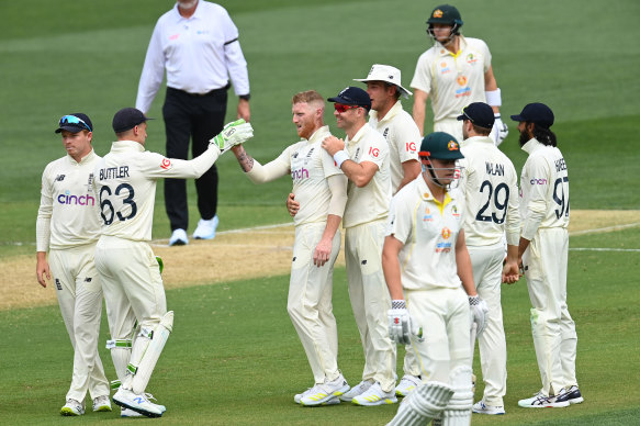 Ben Stokes celebrates taking the wicket of Cameron Green for two. 