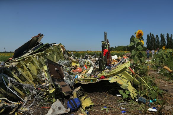 Debris from Malaysian Airlines flight MH17 on the outskirts of Rassypnoe village in 2014. 