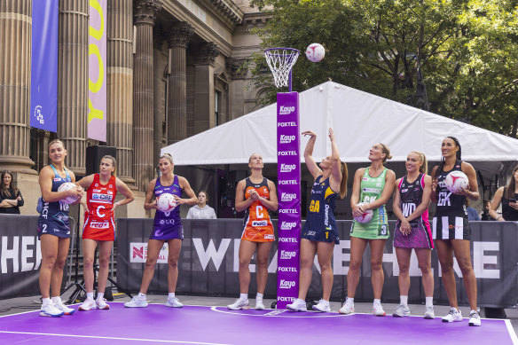 Representatives from all eight Super Netball clubs at a launch in Melbourne on Tuesday. 