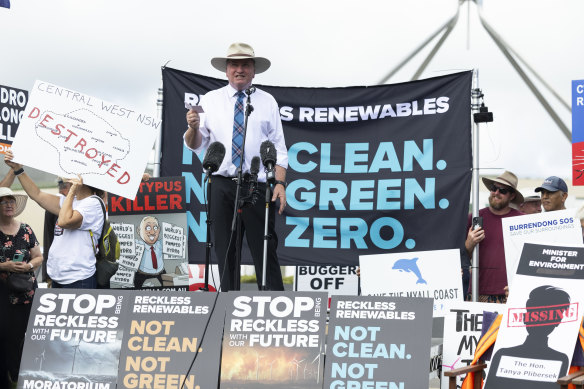 Opposition spokesman for veterans’ affairs Barnaby Joyce at the rally against renewable energy. 