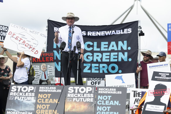 Opposition spokesman for veterans affairs Barnaby Joyce during the rally against renewable energy.