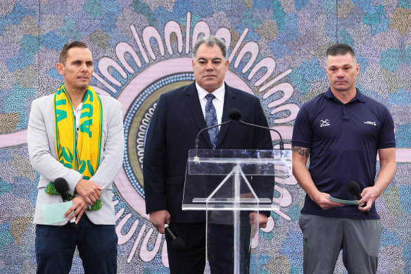 Jamie Pittman (right) with Jade North (left) and Mal Meninga in 2023 at a media event for sports governing bodies supporting the Voice.