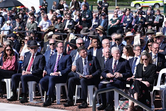 Front row: Prime Minister Anthony Albanese, Minister for Veterans’ Affairs and Minister for Defence Personnel Matt Keogh, Opposition Leader Angus Taylor and Opposition Spokesman for Veterans’ Affairs Michael McCormack, at the Australian War Memorial on Sunday. 