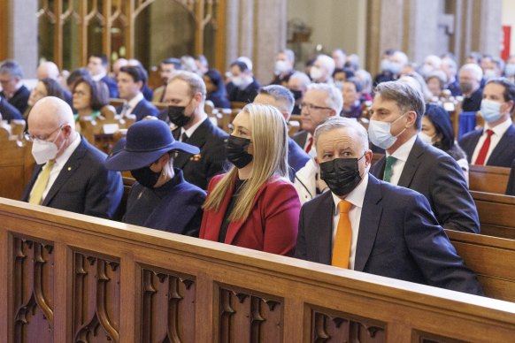 Prime Minister Anthony Albanese and his partner Jodie Haydon during an ecumenical service at St Andrew’s Presbyterian Church to mark the start of the 47th parliament.