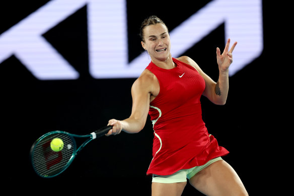 Australian Open defending champion Aryna Sabalenka played her late-night, first-round match at the near-empty Rod Laver Arena.