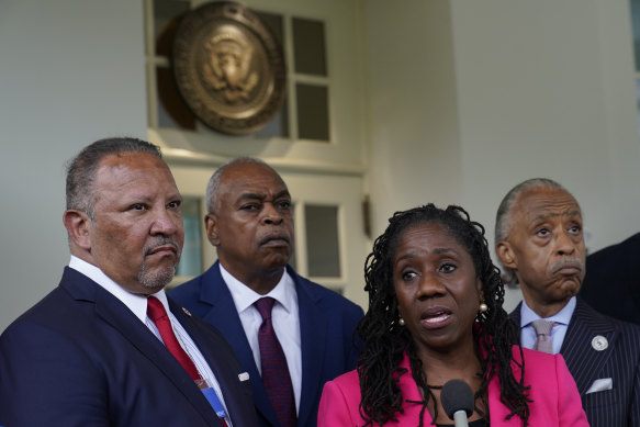 Sherrilyn Ifill of the NAACP Legal Defence Fund, speaks with reporters outside the West Wing of the White House in Washington following a meeting with President Joe Biden and leadership of top civil rights organisations.