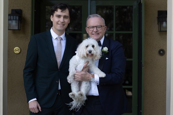 Anthony Albanese with his son Nathan and ring bearer Toto ahead of the ceremony in Canberra today.