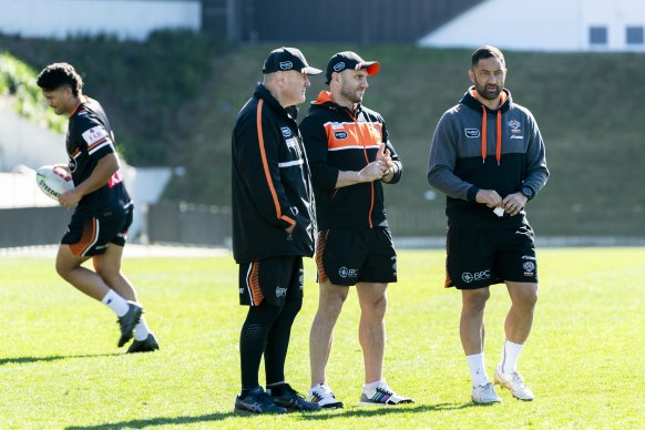 Brains trust: Tim Sheens, Robbie Farah and Benji Marshall talk shop at Thursday’s training session