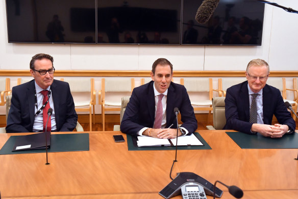 New Treasurer Jim Chalmers met with Reserve Bank Governor Philip Lowe (right), Treasury secretary Steven Kennedy (left) and financial regulators on Wednesday.