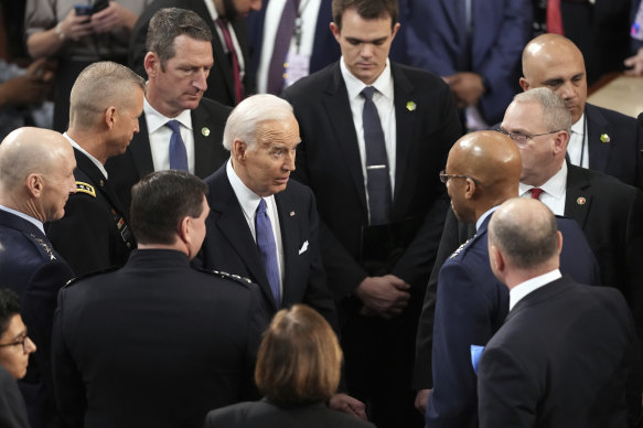 President Joe Biden speaks after his address.