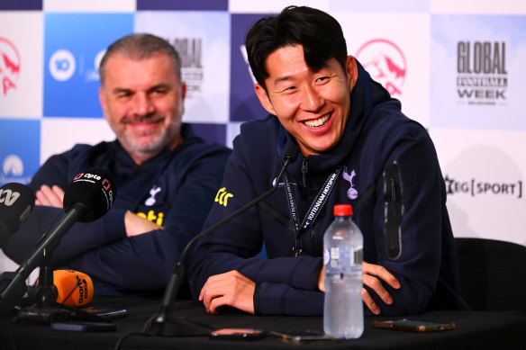 Coach Postecoglou and skipper Son at the press conference in Melbourne ahead of the MCG clash.