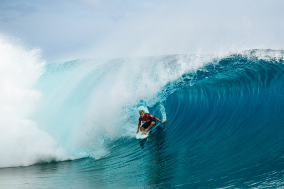 Margaret River’s Jack Robinson tucks into a heaving Teahupo’o barrel during the 2022 Tahiti Pro.