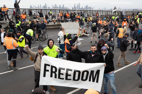 “Freedom” protesters marched across Melbourne CBD, including the Westgate Bridge.