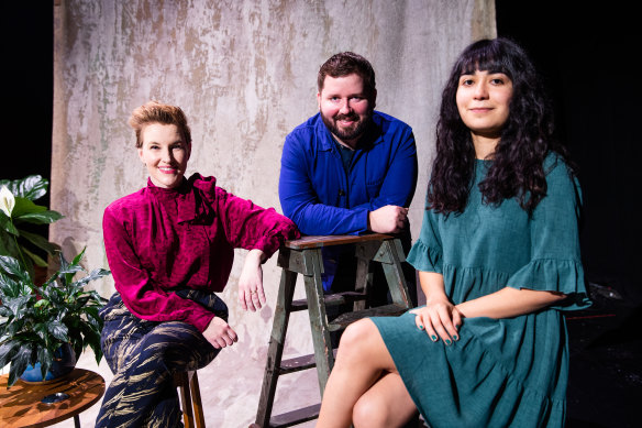 Kip Williams (centre), the artistic director of Sydney Theatre Company and playwright Kate Mulvany (left) who is adapting Ruth Park's Playing Beatie Bow and Jessica Arthur (green dress) director, Home, I’m Darling. 