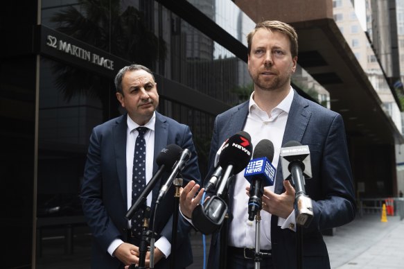 Department of Education secretary Murat Dizdar (left) and EPA chief executive Tony Chappel give an update on the investigation into mulch containing asbestos and testing at Sydney schools.