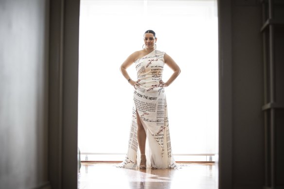 Wearing her values: Senator Jana Stewart in the gown she will wear to the Midwinter Ball.