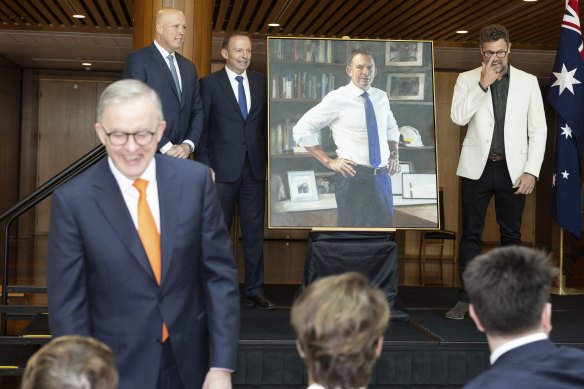 PM Anthony Albanese, Opposition Leader Peter Dutton, former prime minister Tony Abbott and Johannes Leak during the unveiling of Abbott’s official portrait.