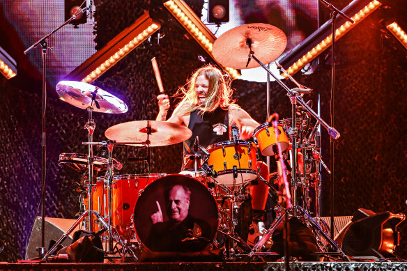 Taylor Hawkins’ drum kit bears a tribute to Mushroom Records founder Michael Gudinski.