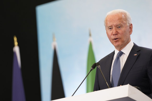 President Joe Biden speaks during a news conference after attending the G7 summit in Cornwall, England.