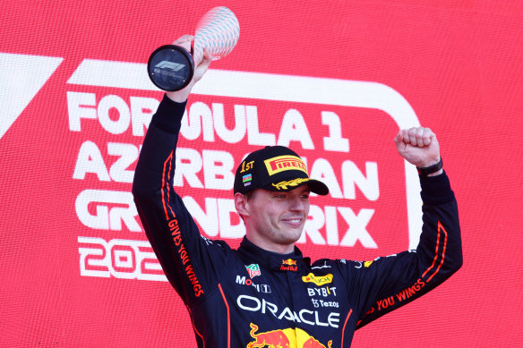 Max Verstappen on the podium in Baku.