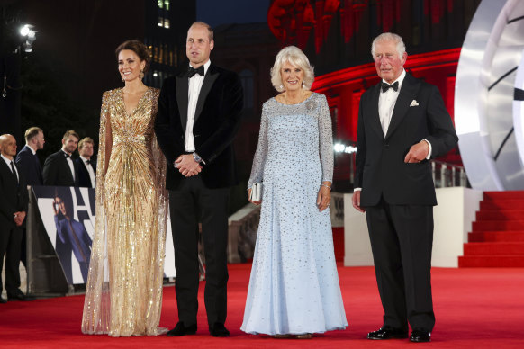 From left, Kate, the Duchess of Cambridge, Prince William, Camilla, the Duchess of Cornwall, and Prince Charles, on the red carpet for the premiere of the James Bond film No Time to Die. 