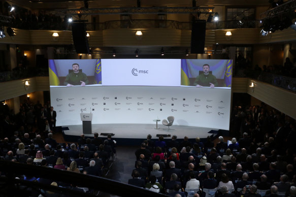 Ukrainian President Volodymyr Zelensky speaks via video link to the 2023 Munich Security Conference in Munich, Germany.
