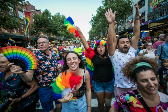 Marriage equality advocates celebrate the “yes” vote in Sydney in 2017. The vote produced 25,000 extra registered marriages in 2021 census data.