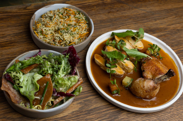 Aged basmati rice, carrots, carroway and pumpkin seeds; roast chicken breast with maple and harissa roasted pumpkin in a ras el hanout jus; and curly endive and witlof salad, smoked egg, cumin and onion dressing.