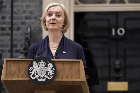 Britain’s Prime Minister Liz Truss announcing her resignation outside Downing Street on Thursday.